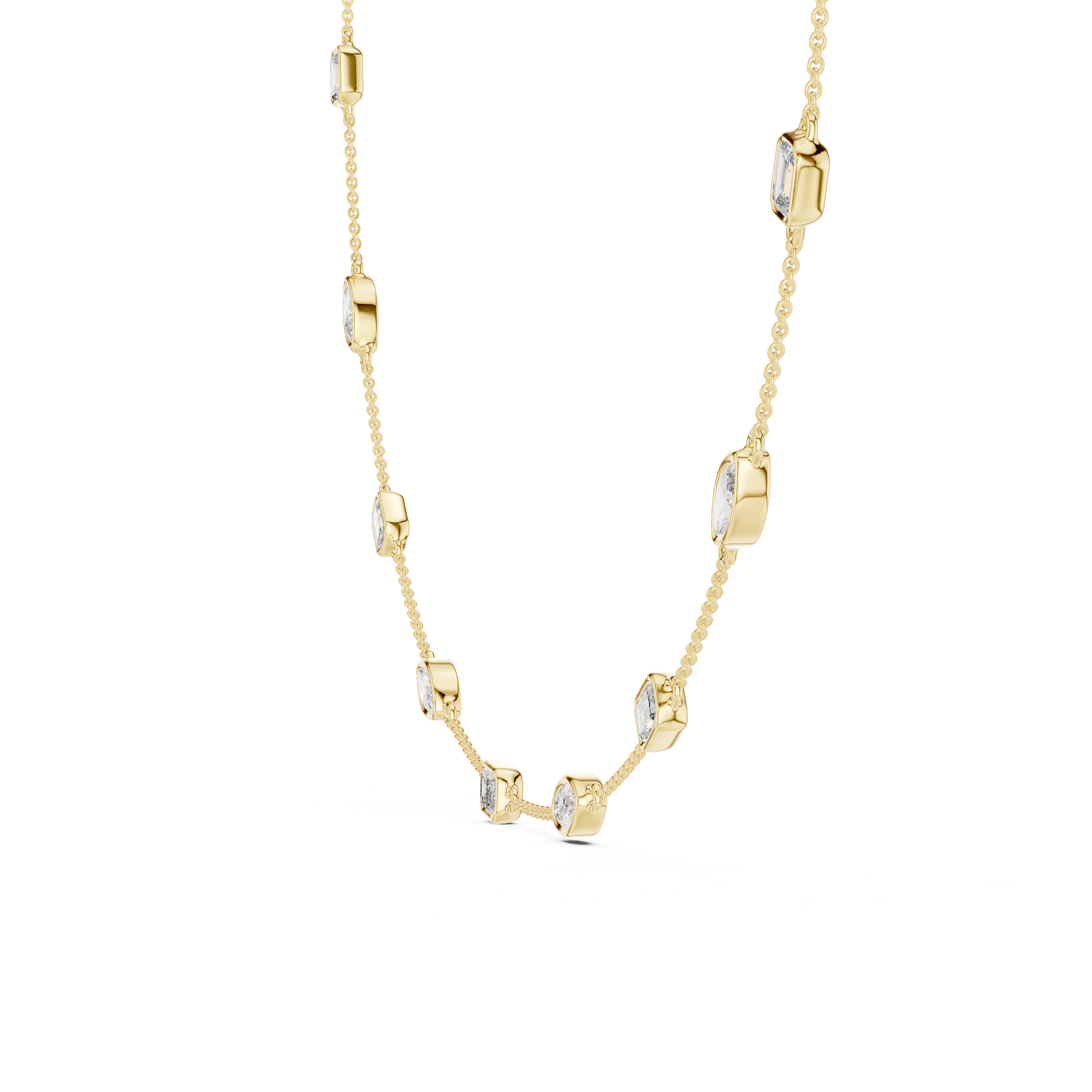 Gold necklace with diamond accents on a white background