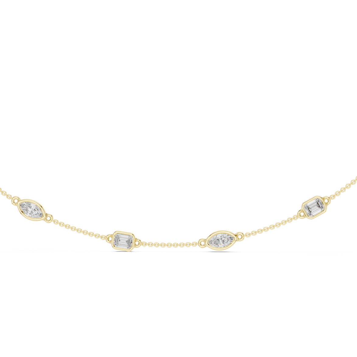 Gold necklace with diamond-like stones on a white background