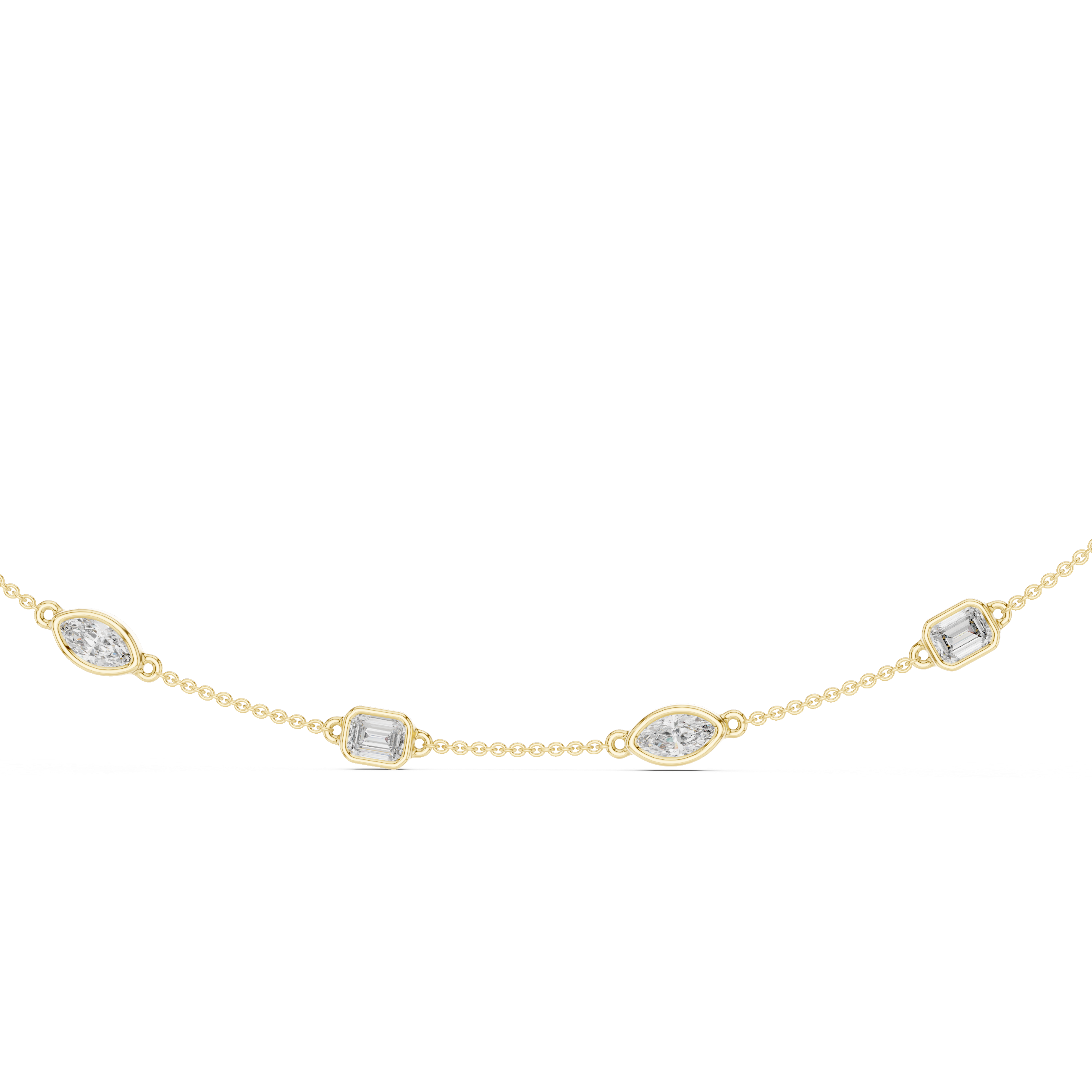 Gold necklace with diamond-like stones on a white background