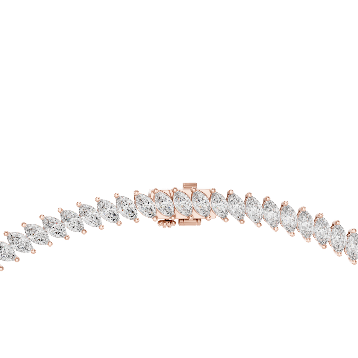 Rose gold bracelet with clear gemstones on a white background