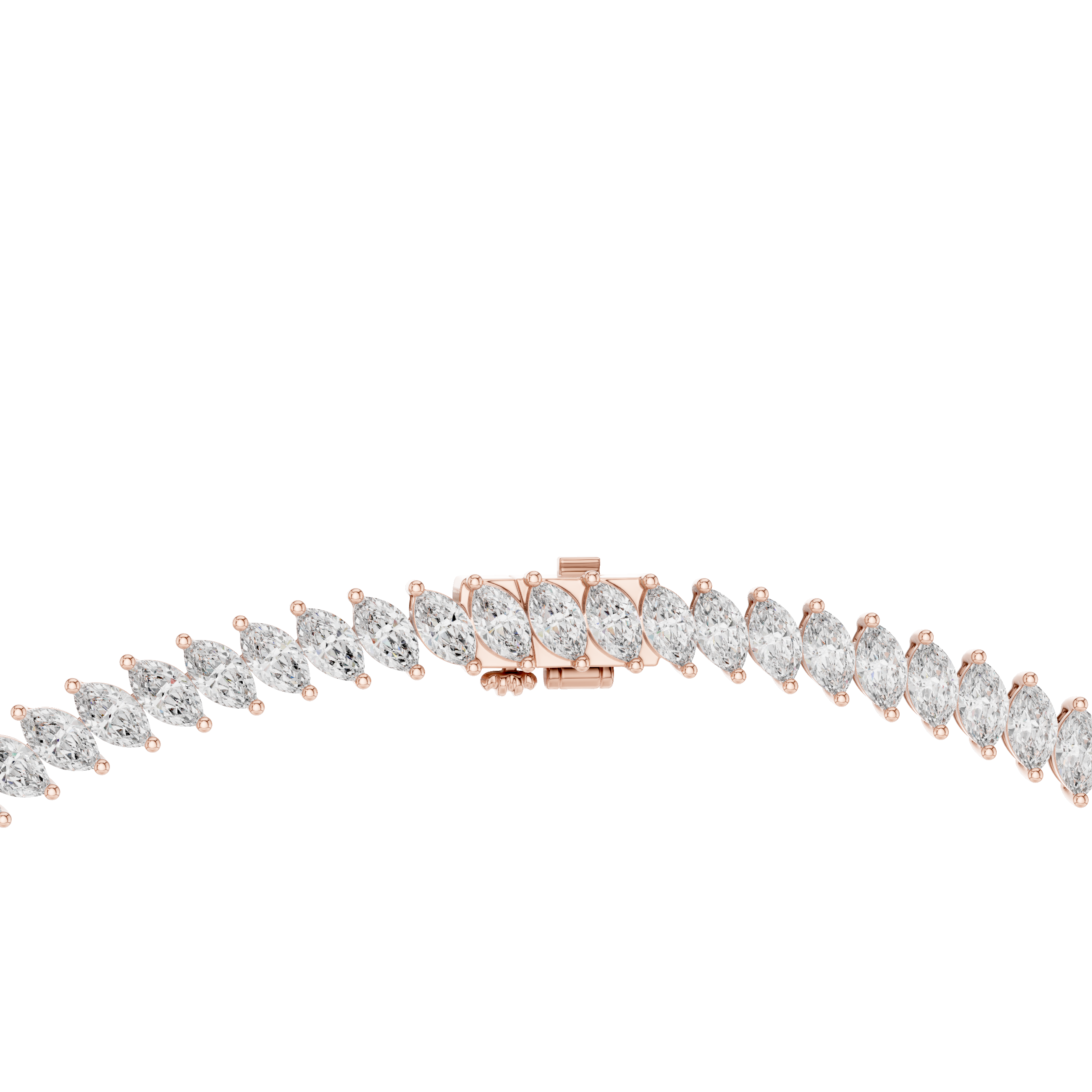 Rose gold bracelet with clear gemstones on a white background