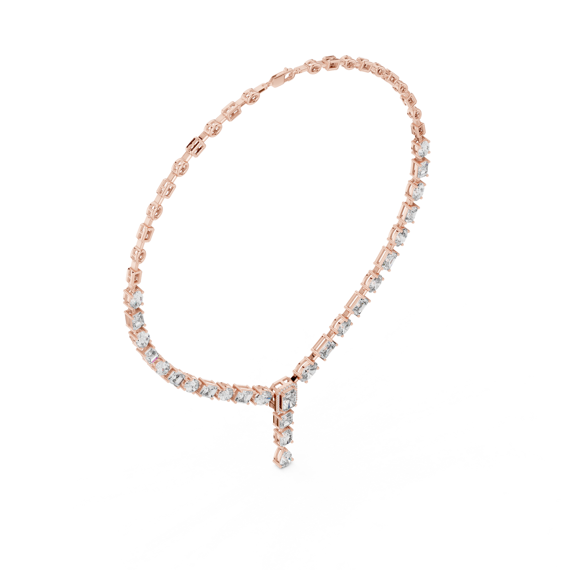 Rose gold bracelet with clear gemstones on a white background