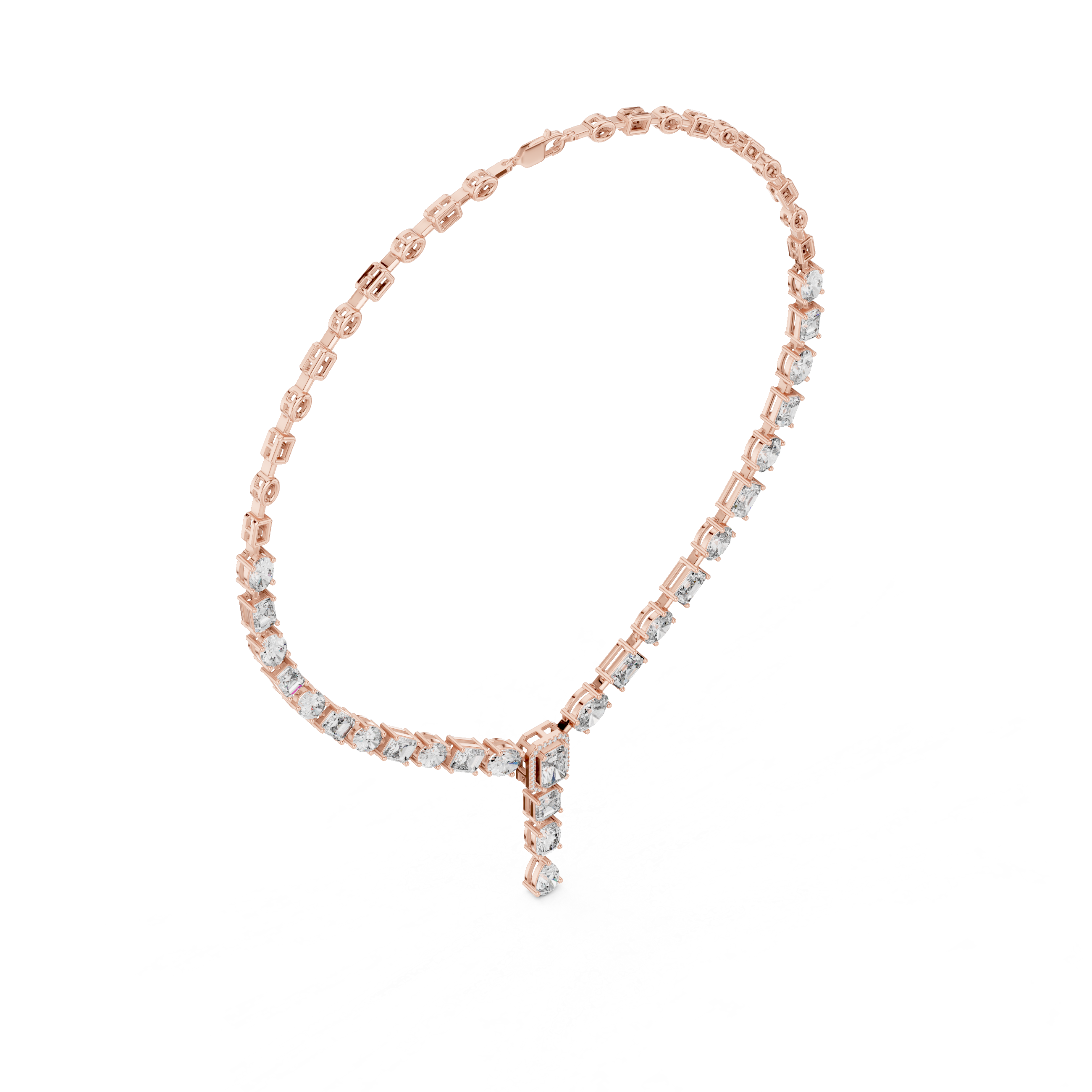 Rose gold bracelet with clear gemstones on a white background
