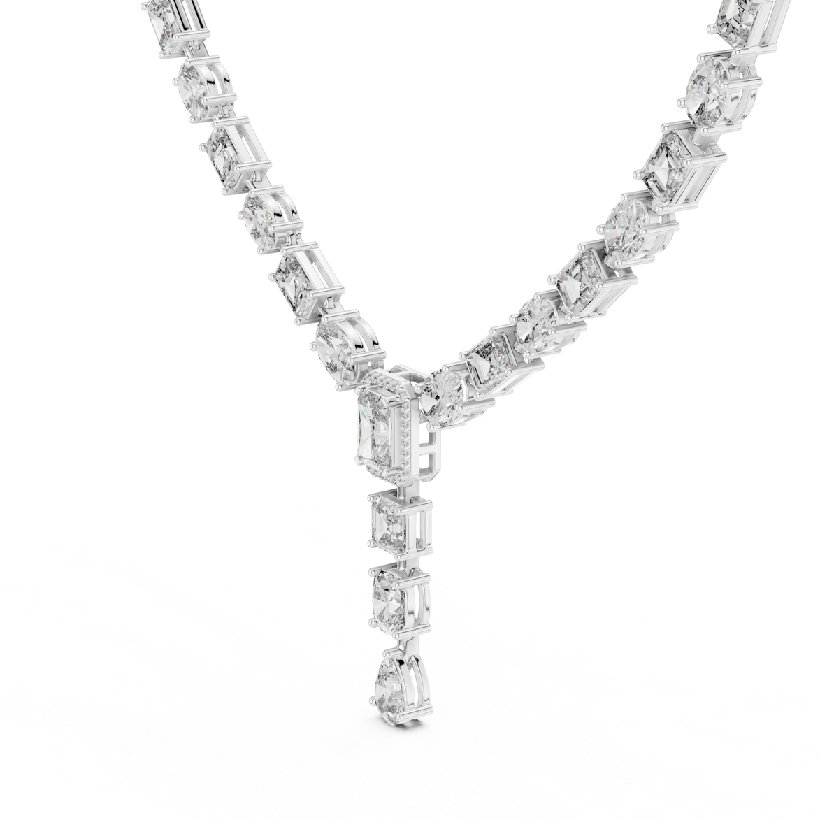 Gold necklace with diamond pendants on a white background