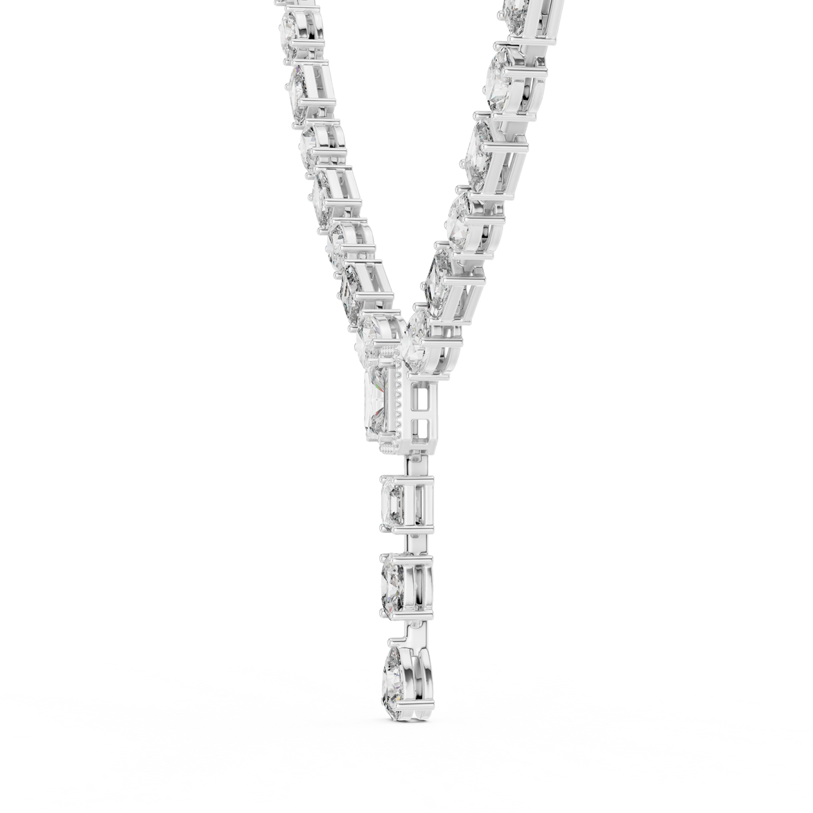 Diamond necklace with baguette and round cut stones on a white background