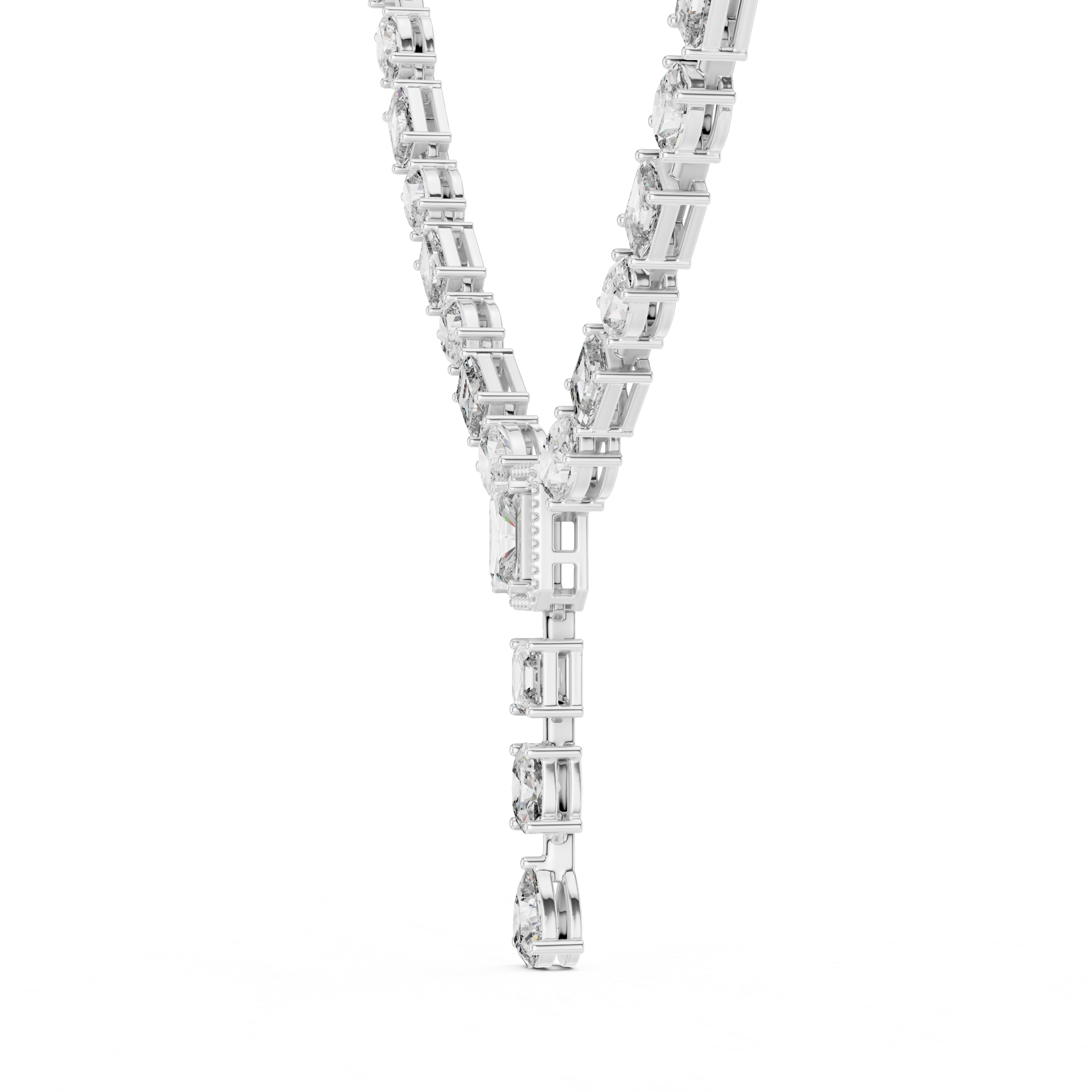 Diamond necklace with baguette and round cut stones on a white background