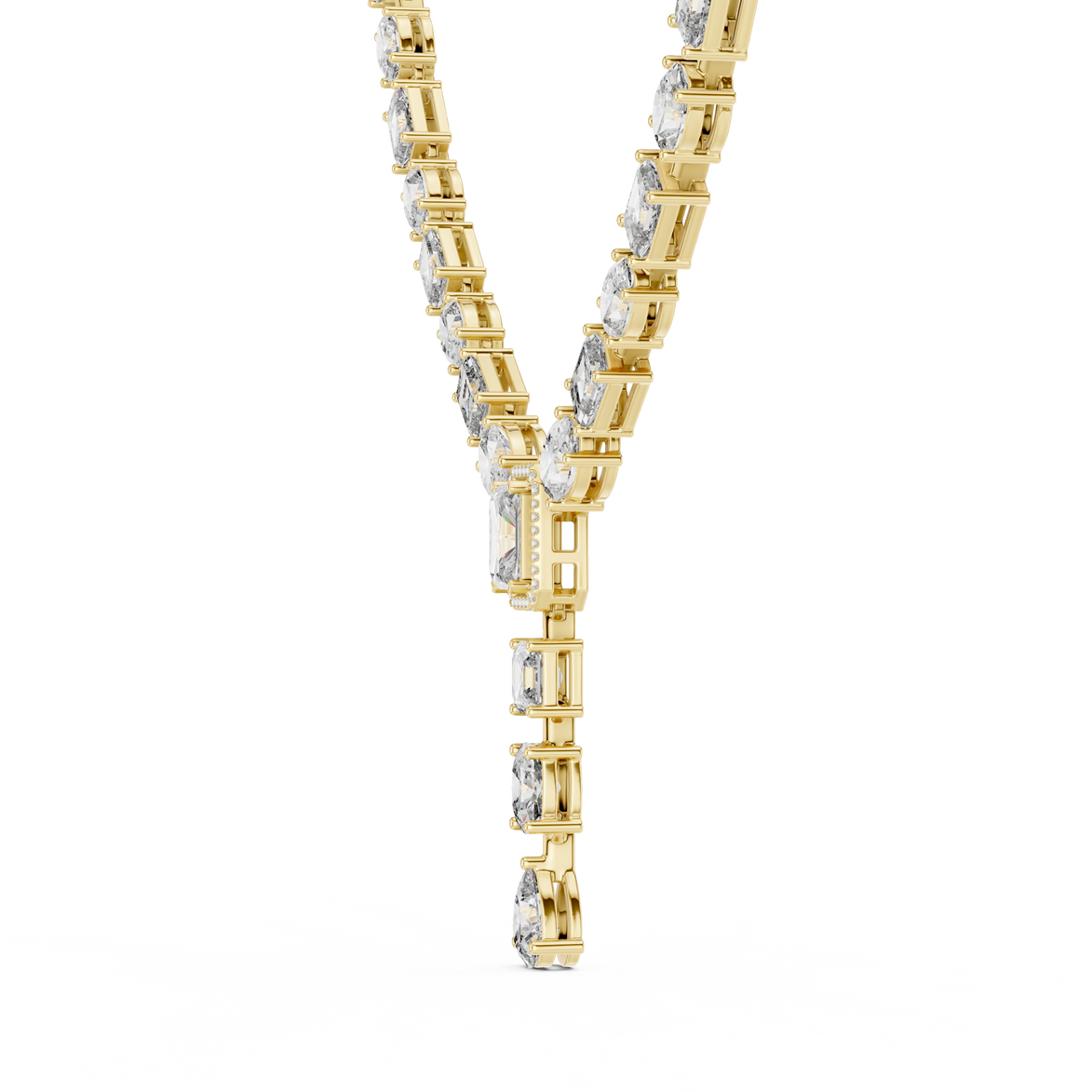 Gold necklace with diamond accents on a white background