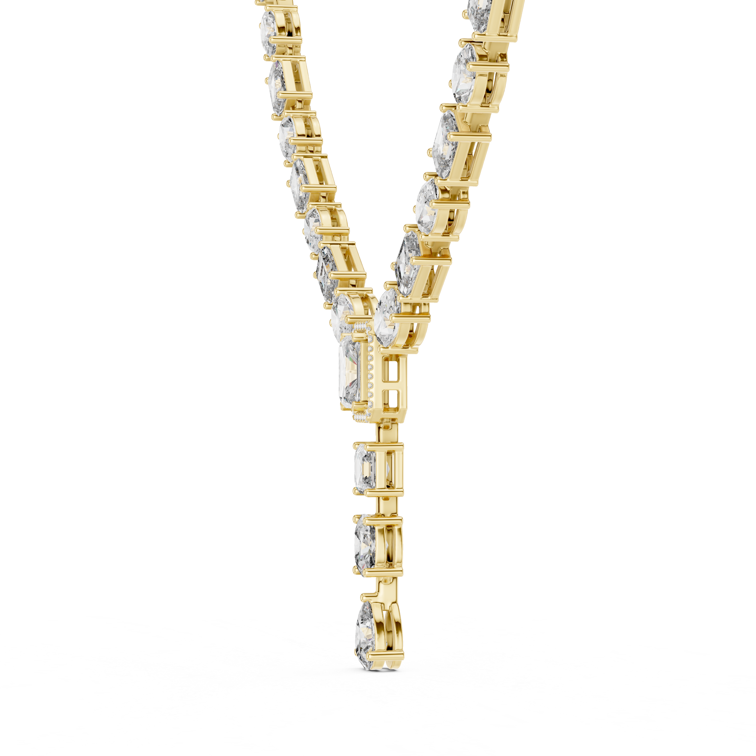 Gold necklace with diamond accents on a white background