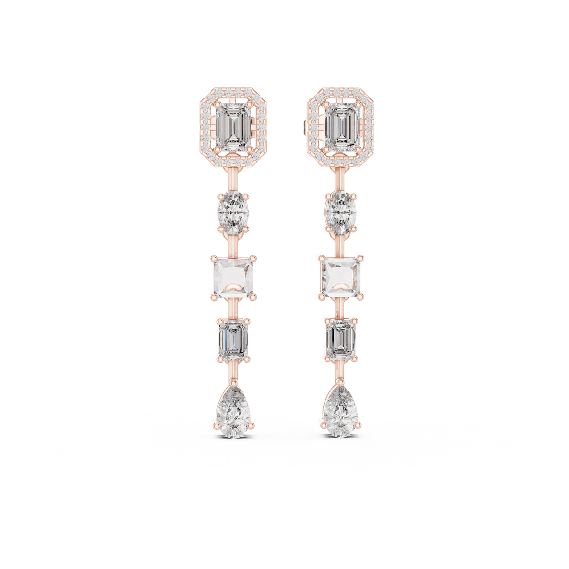 Luxury multi shape diamond drop earrings in gold with princess, emerald, oval, pear and round CVD diamonds