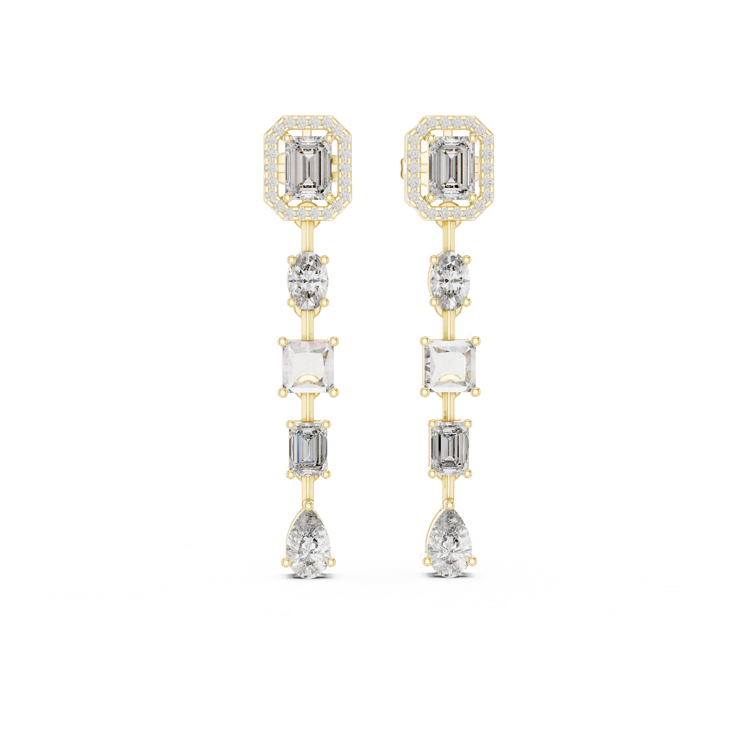 Luxury multi shape diamond drop earrings in gold with princess, emerald, oval, pear and round CVD diamonds
