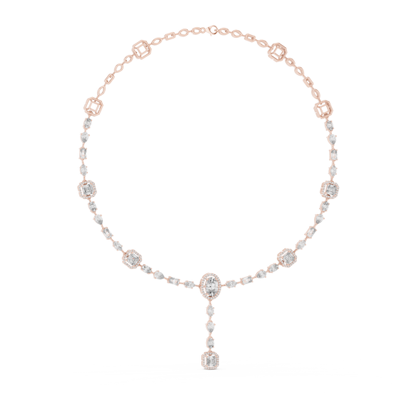 Rose gold necklace with pearls and crystals on a white background