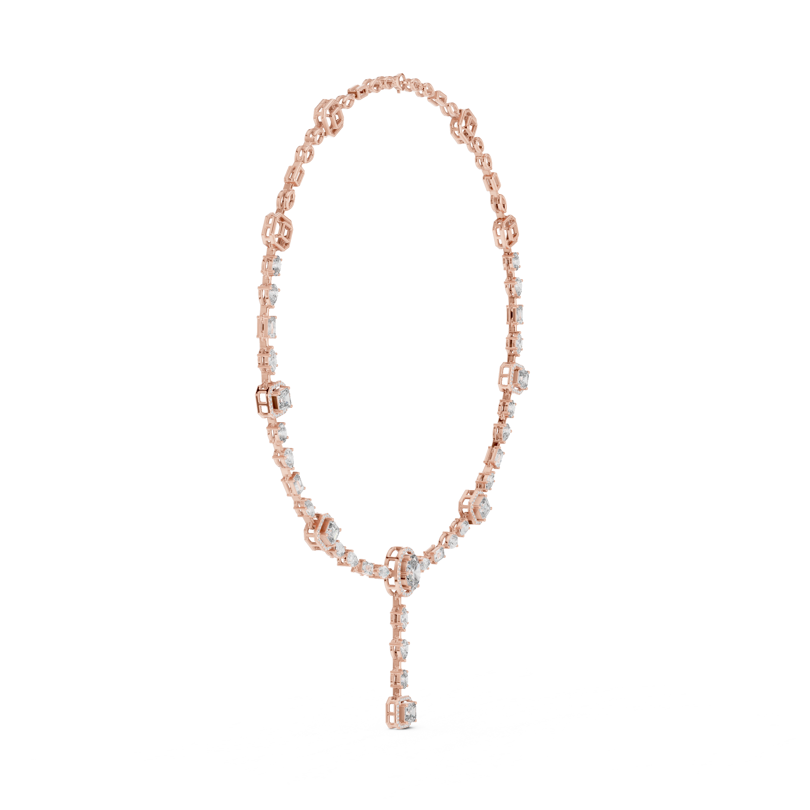 Rose gold necklace with key pendant on a white background