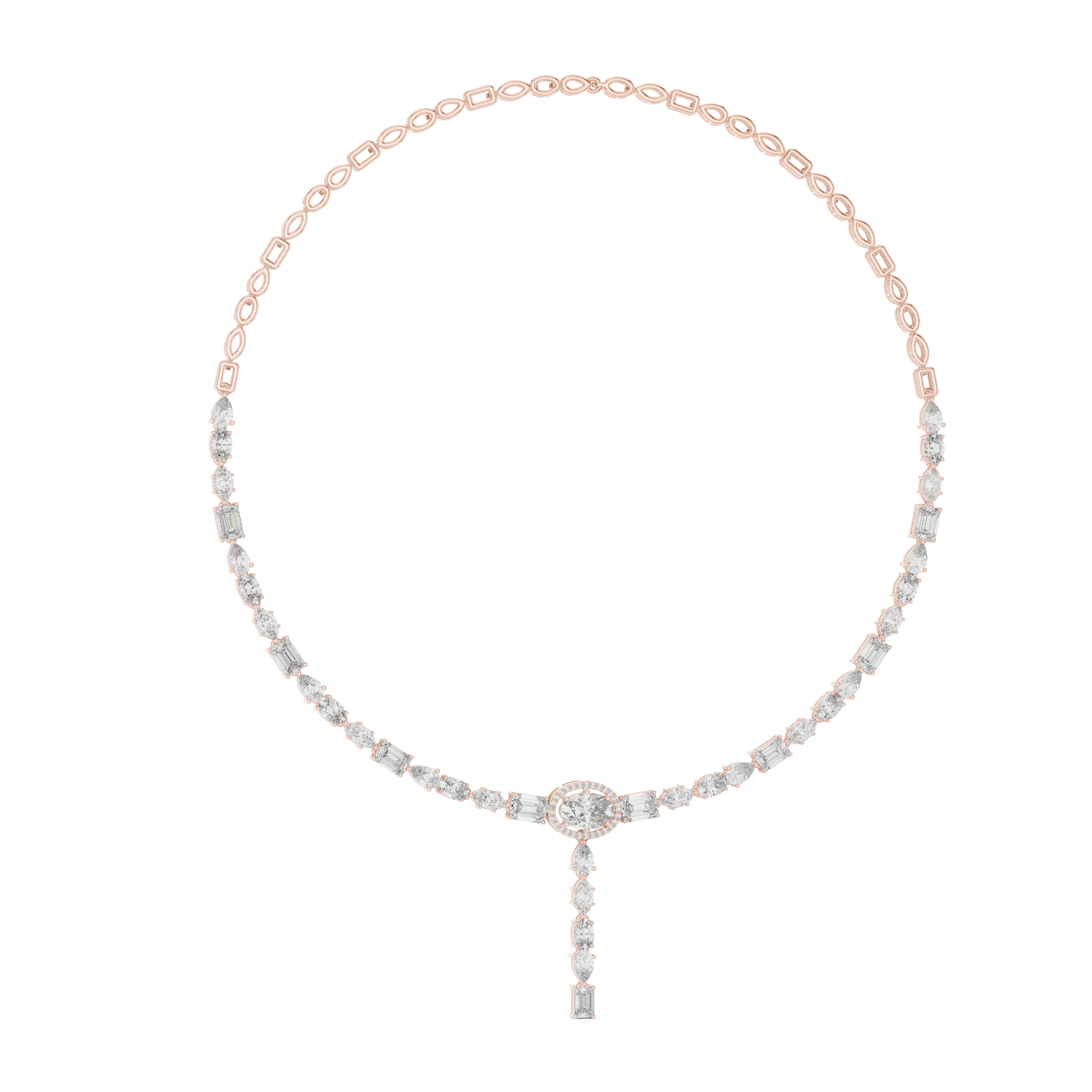 Rose gold necklace with diamonds on a white background