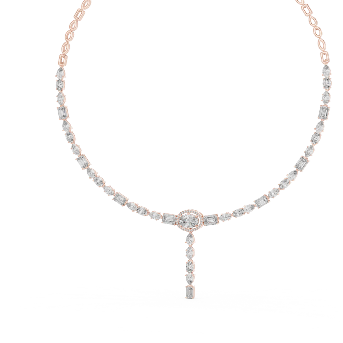 Delicate rose gold necklace with small diamonds on a white background