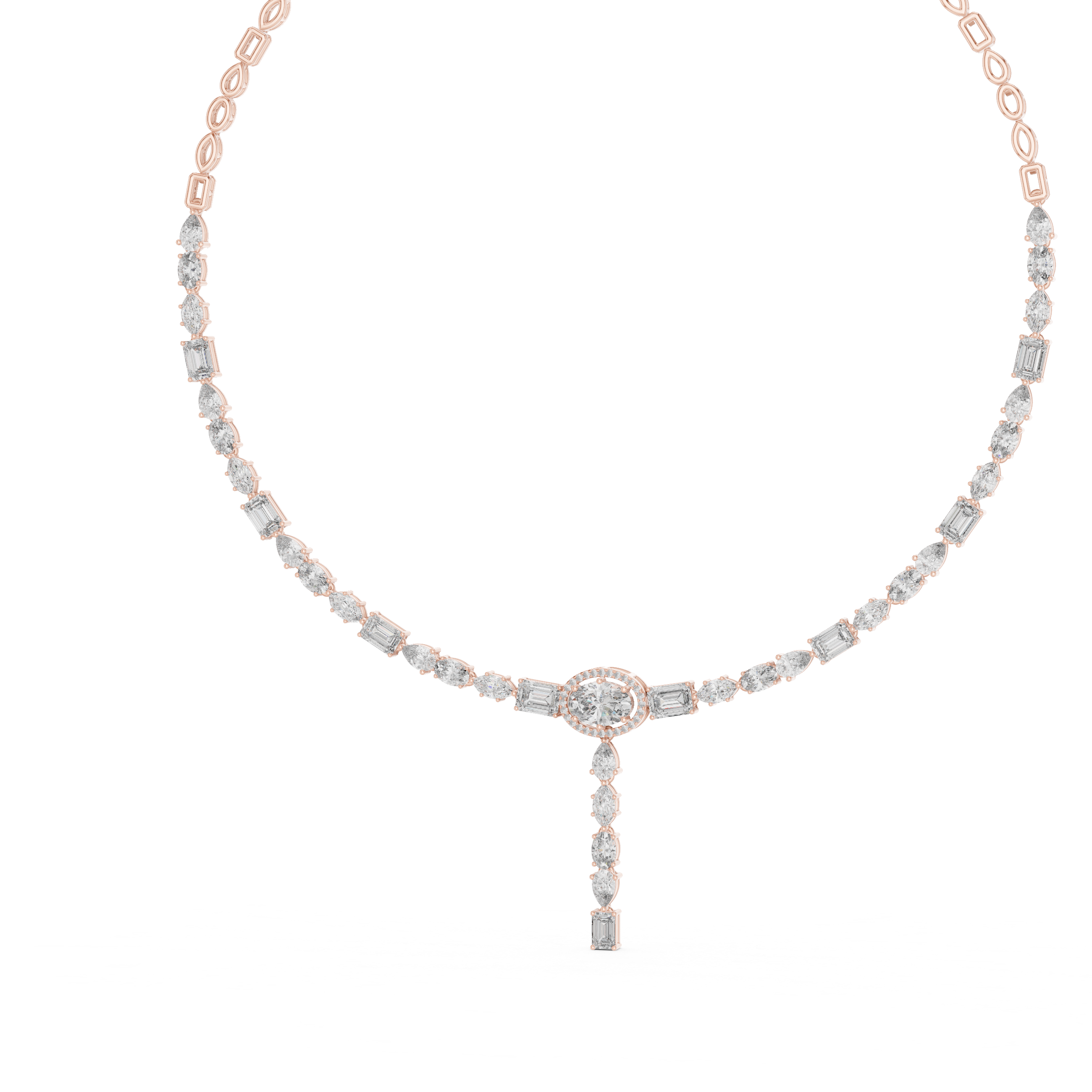 Delicate rose gold necklace with small diamonds on a white background