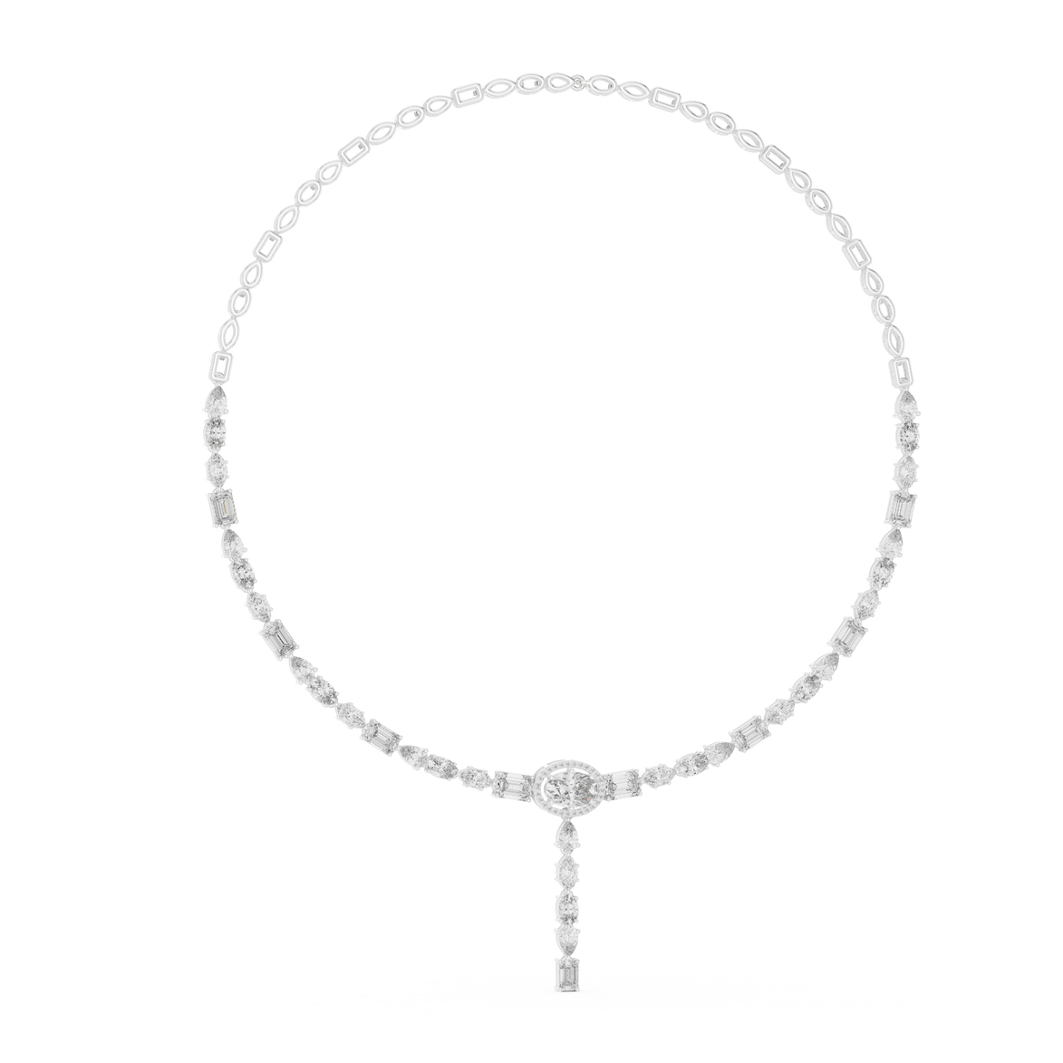 white gold necklace with a central pendant on a white background