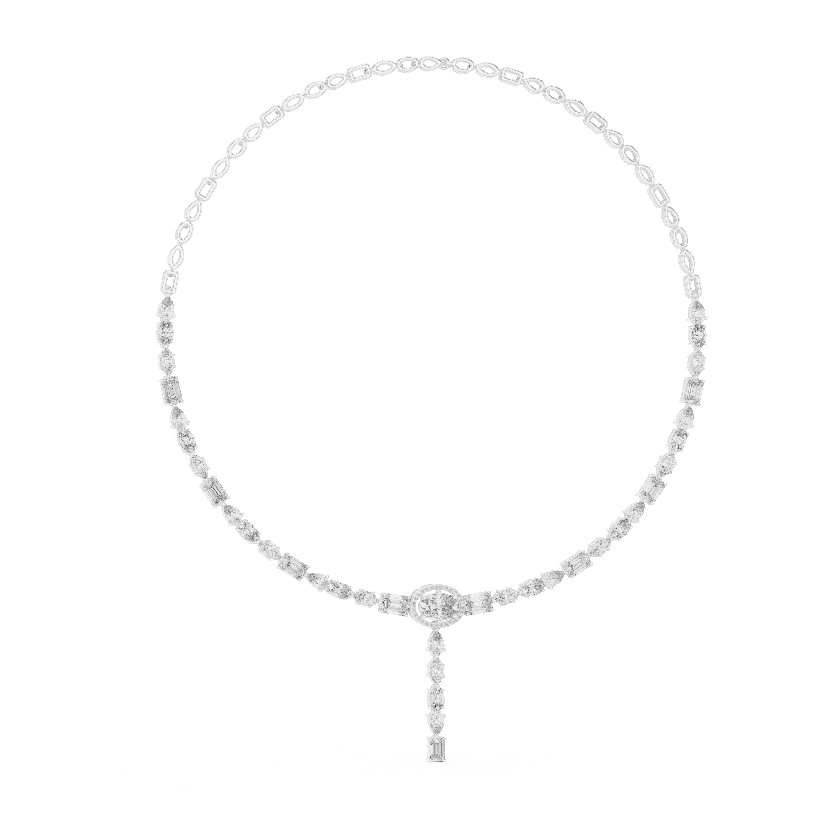 white gold necklace with a central pendant on a white background