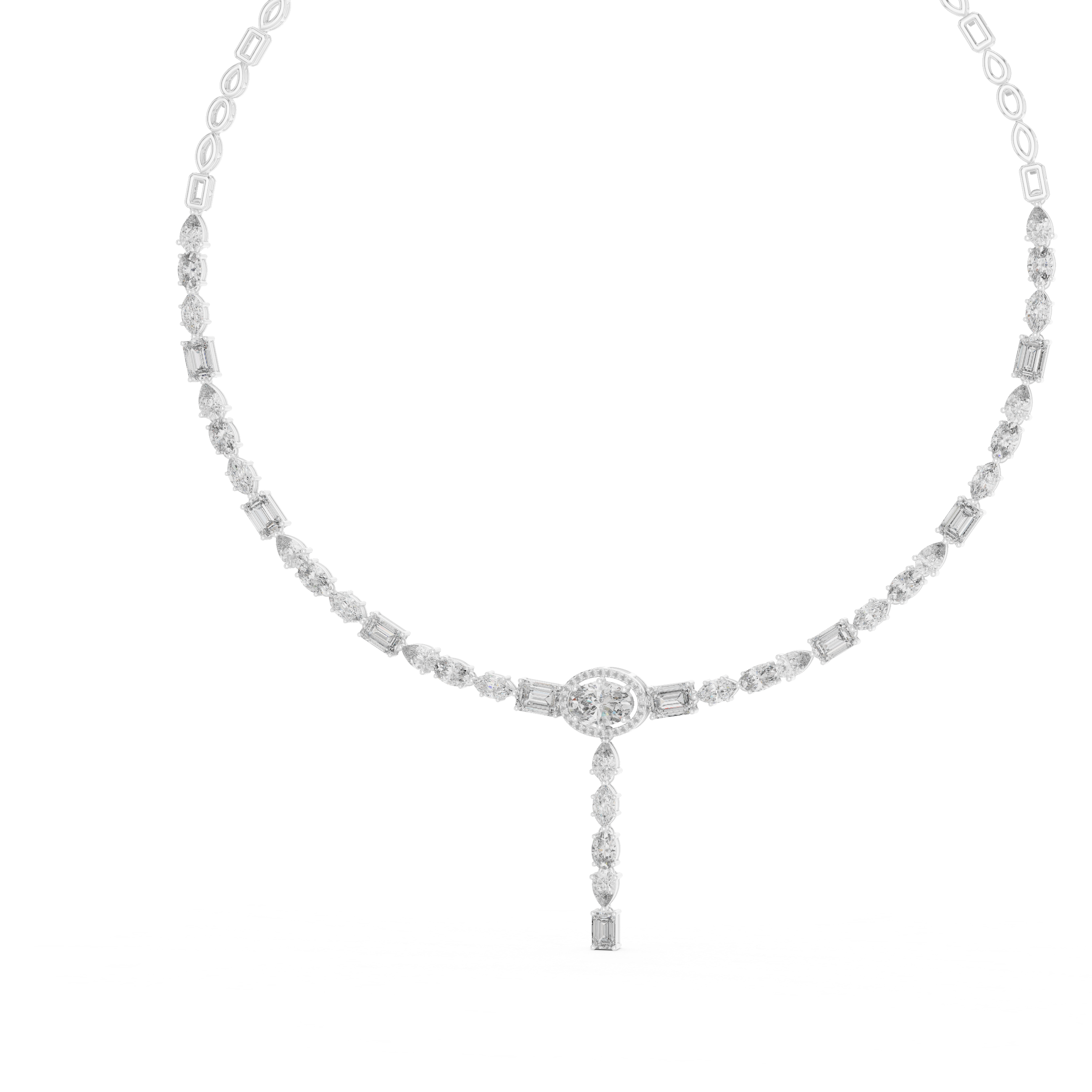 Delicate white gold necklace with small diamonds on a white background