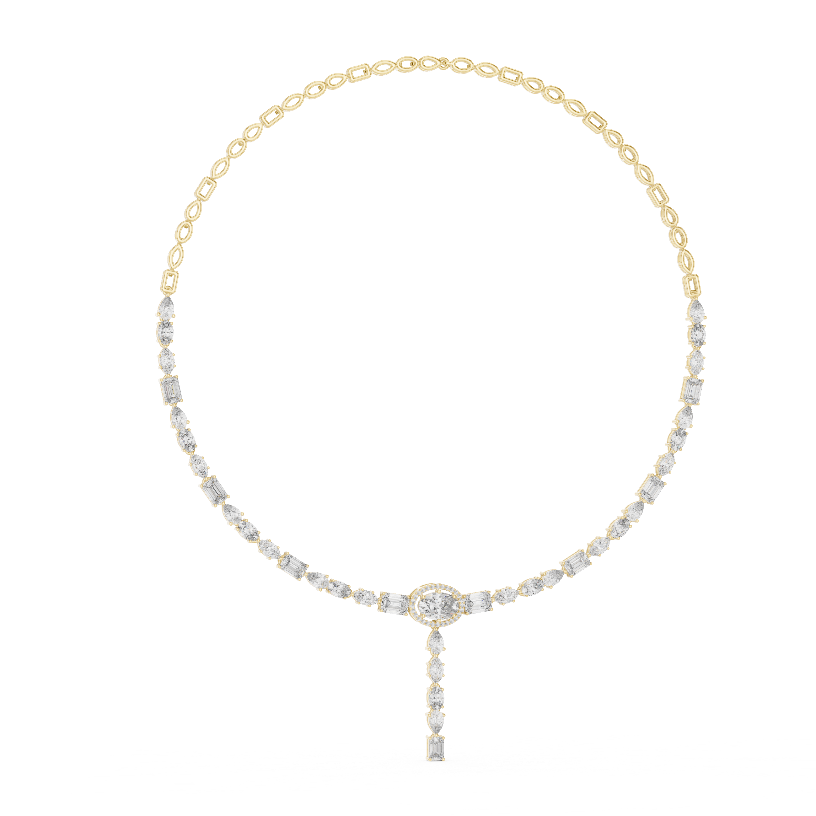 Gold necklace with a central pendant on a white background