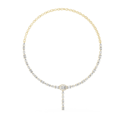 Gold necklace with a central pendant on a white background