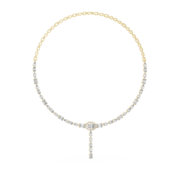 Gold necklace with a central pendant on a white background