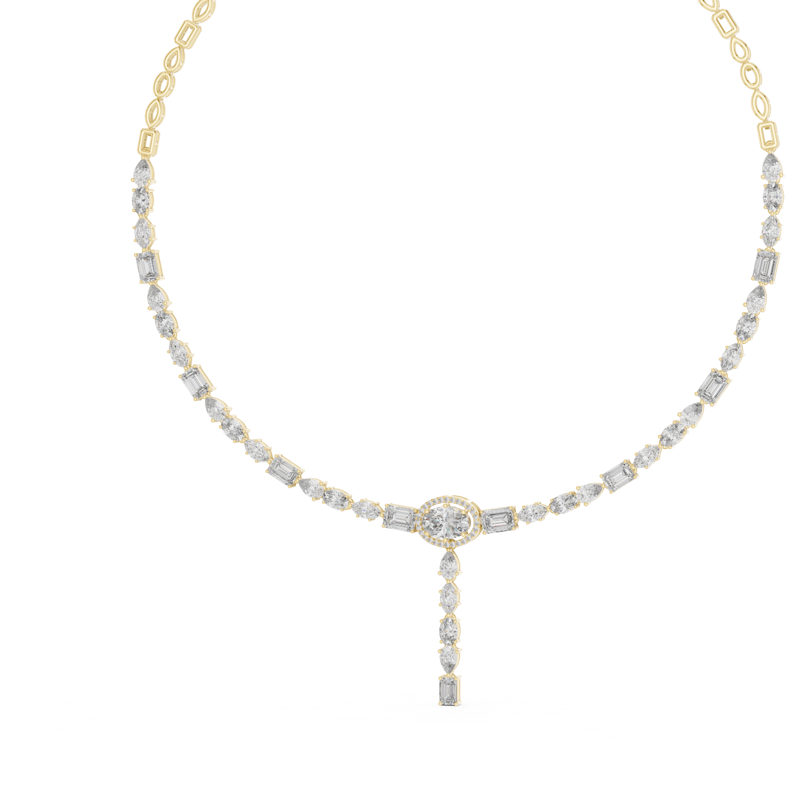 Delicate yellow gold necklace with small diamonds on a white background