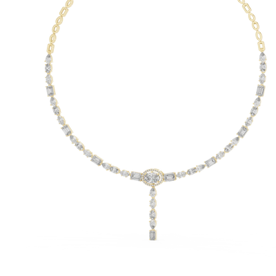 Delicate yellow gold necklace with small diamonds on a white background