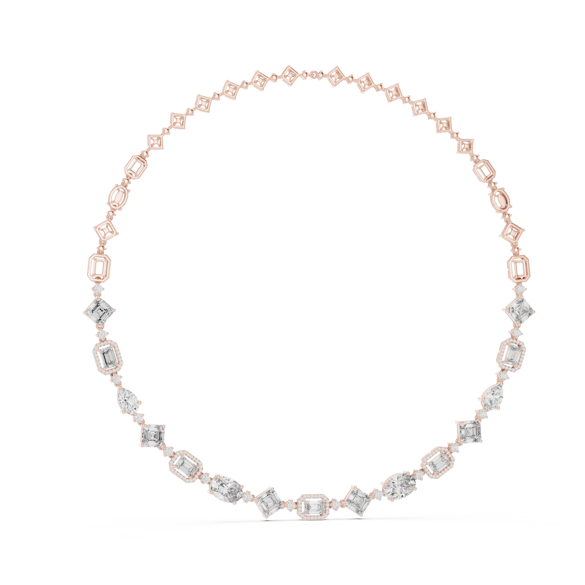 Rose gold necklace with diamond accents on a white background