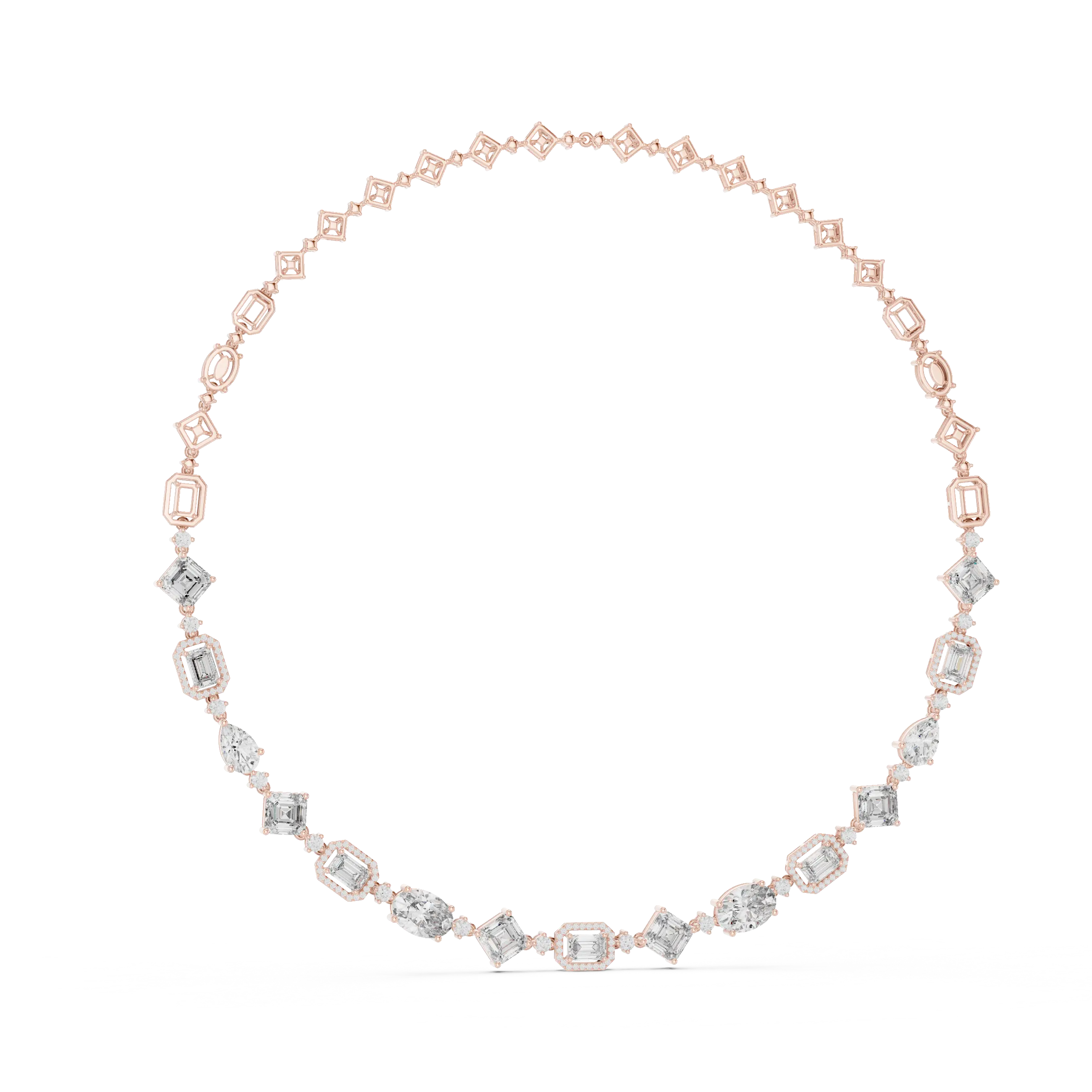 Rose gold necklace with diamond accents on a white background