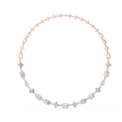 Rose gold necklace with diamond accents on a white background