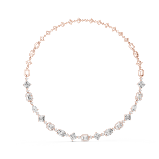 Rose gold necklace with diamond accents on a white background