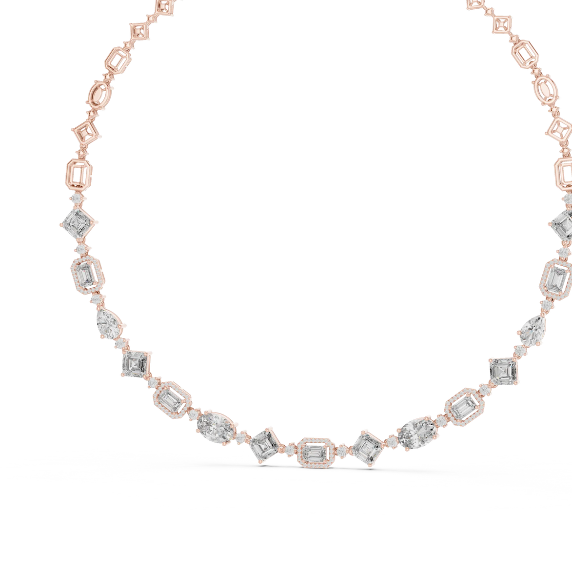 Rose gold necklace with diamond accents on a white background