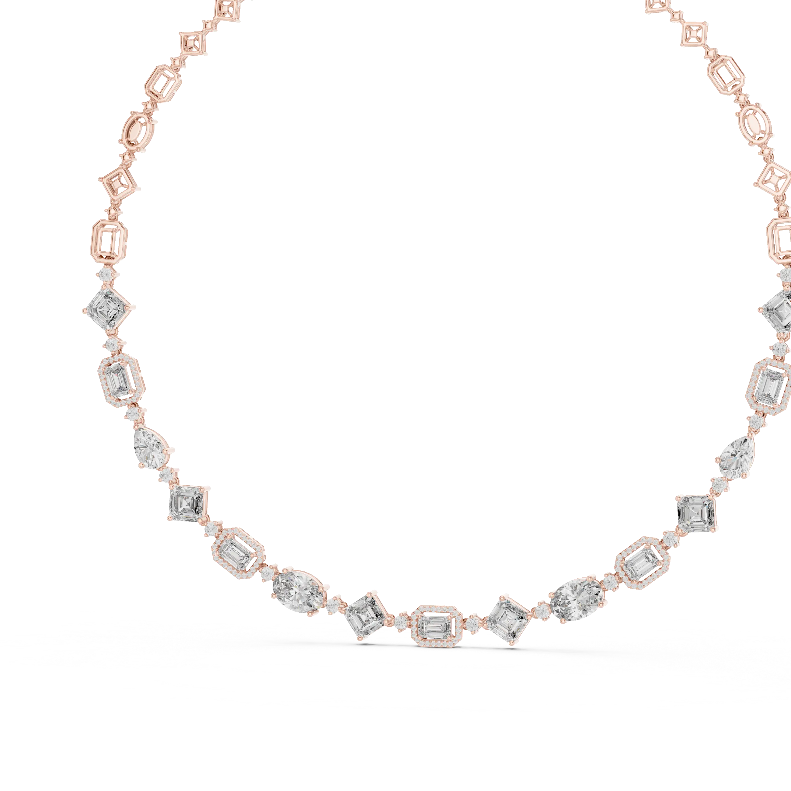 Rose gold necklace with diamond accents on a white background