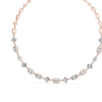 Rose gold necklace with diamond accents on a white background