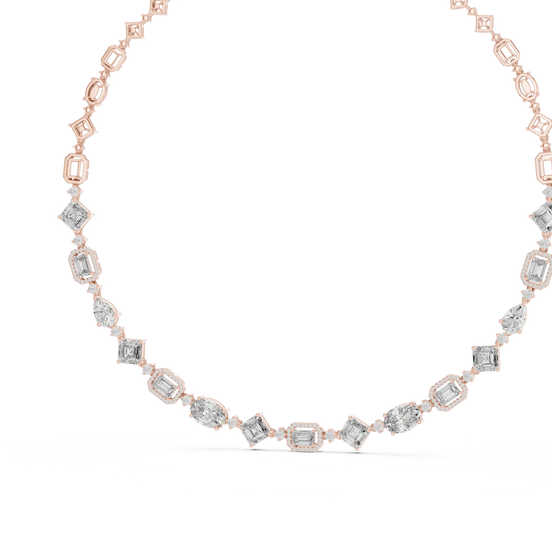 Rose gold necklace with diamond accents on a white background