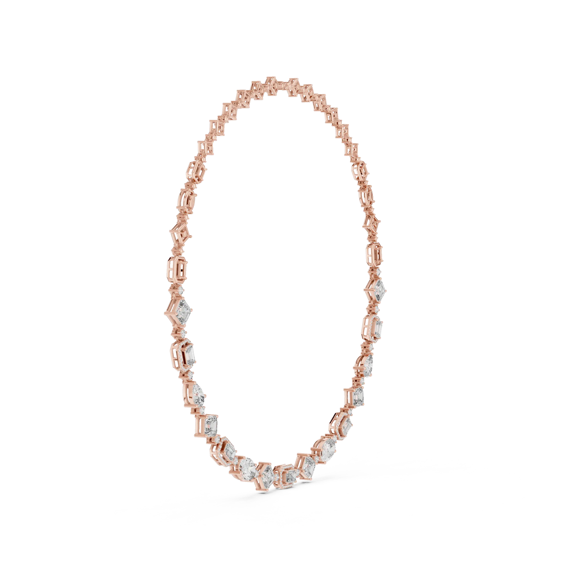 Rose gold necklace with clear stones on a white background