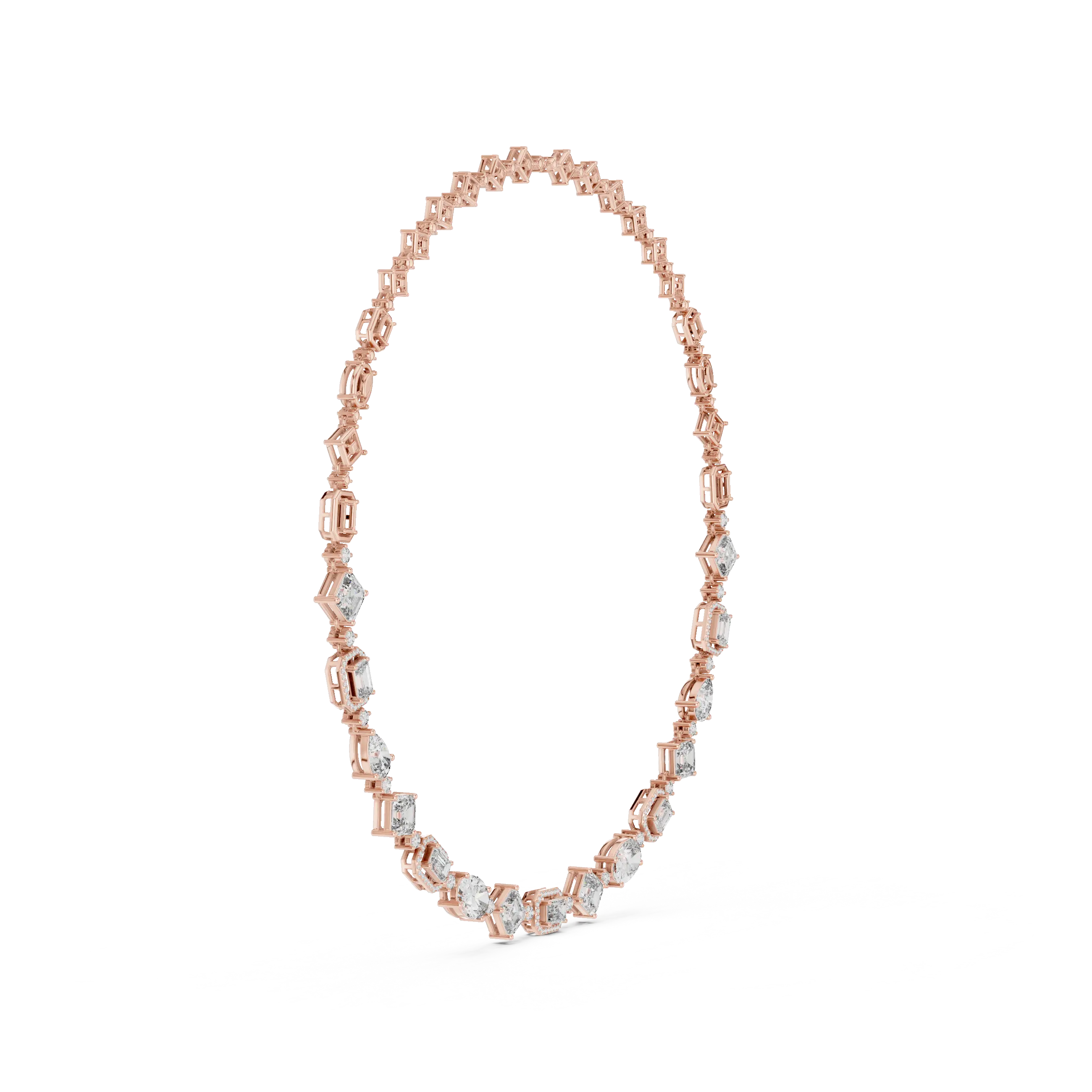 Rose gold necklace with clear stones on a white background