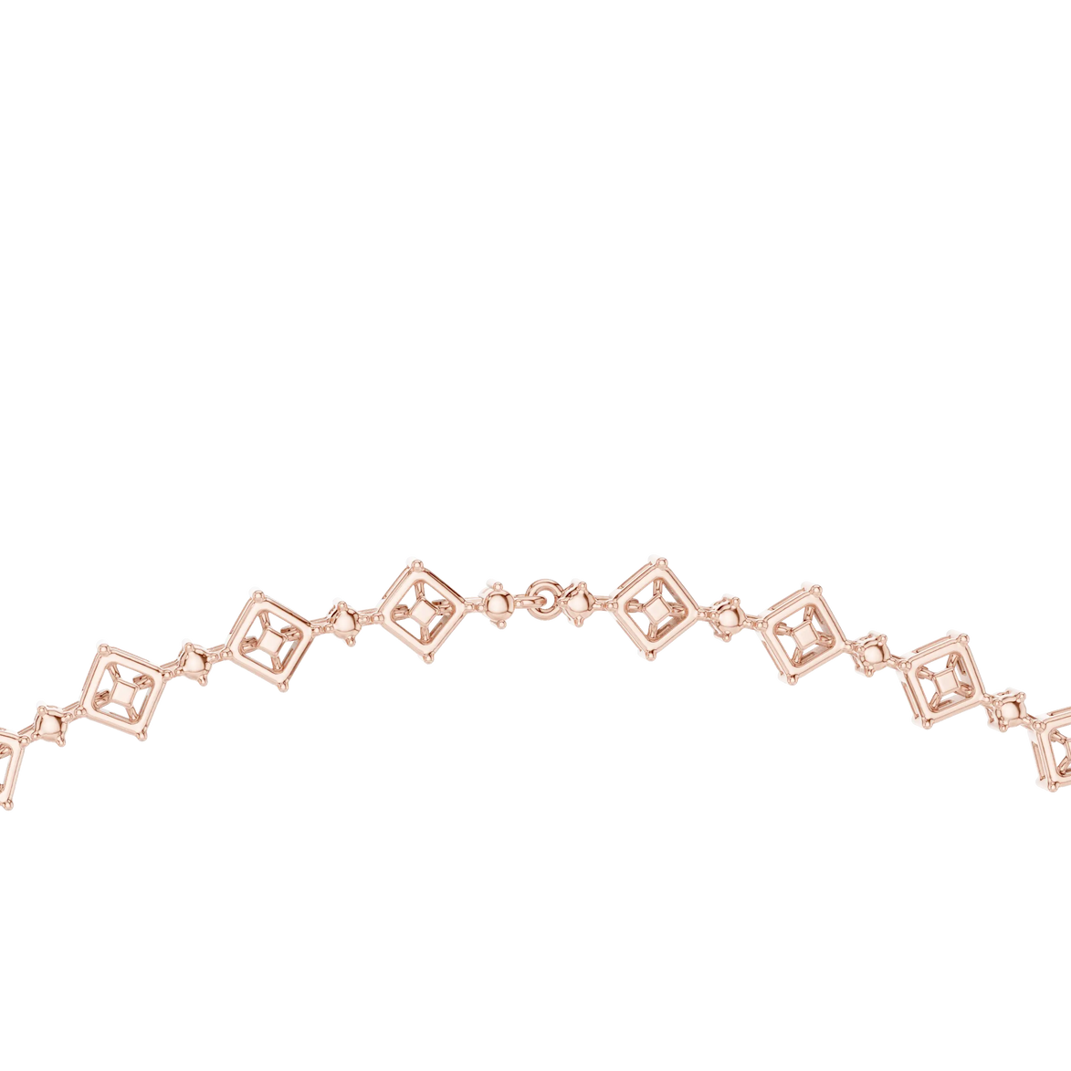 Rose gold necklace with diamond-like stones on a white background
