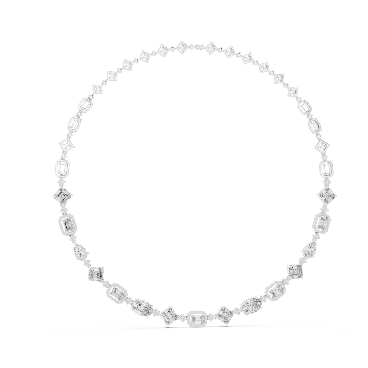 white gold necklace with rectangular gemstones on a white background