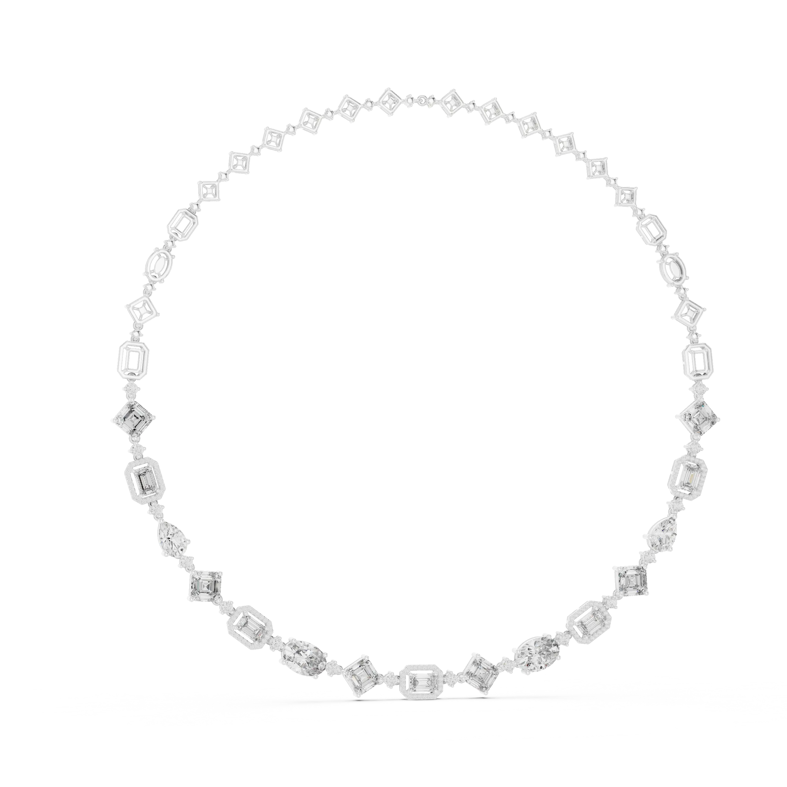 white gold necklace with rectangular gemstones on a white background