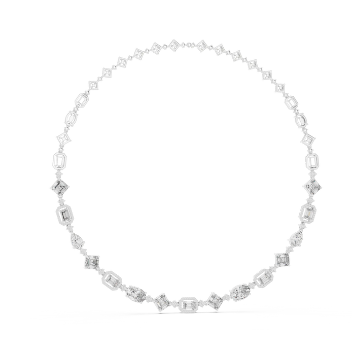 white gold necklace with rectangular gemstones on a white background
