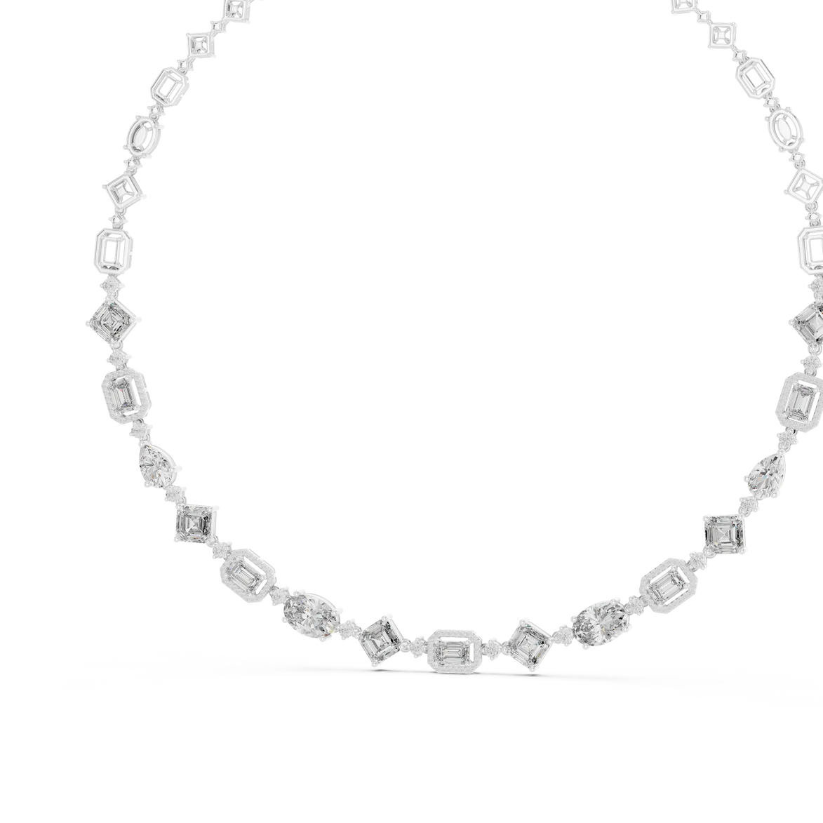 white gold necklace with diamond-like stones on a white background