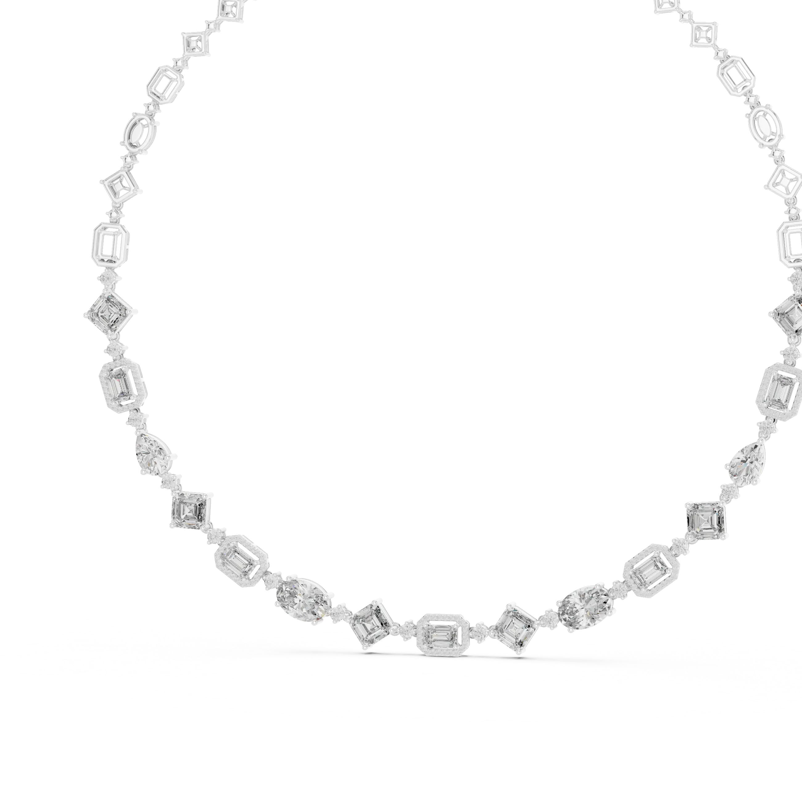 white gold necklace with diamond-like stones on a white background