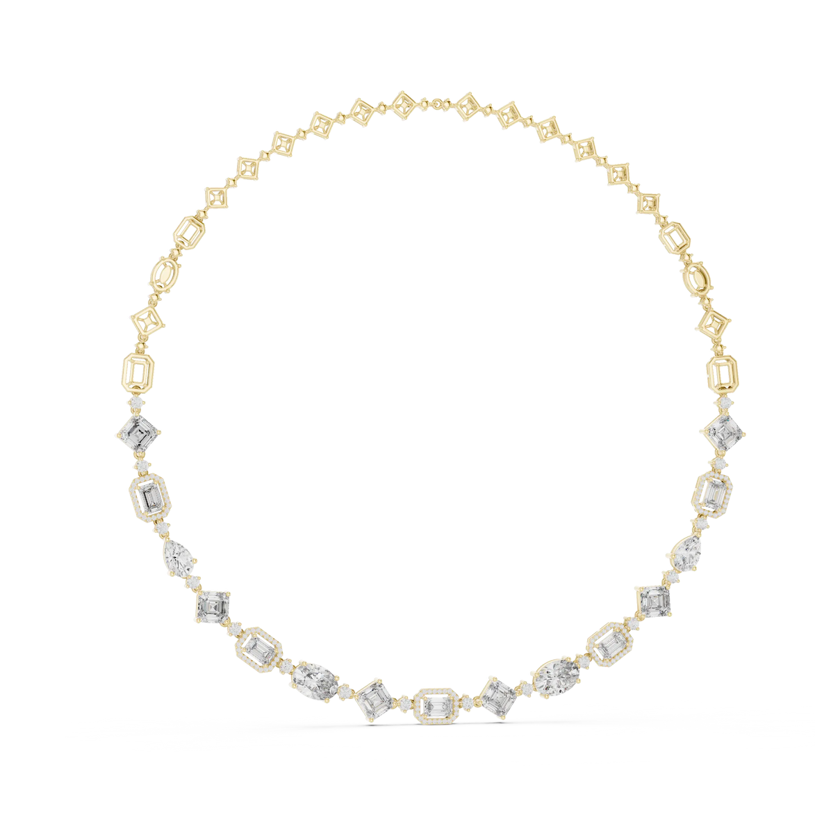 Gold necklace with diamond-like stones on a white background