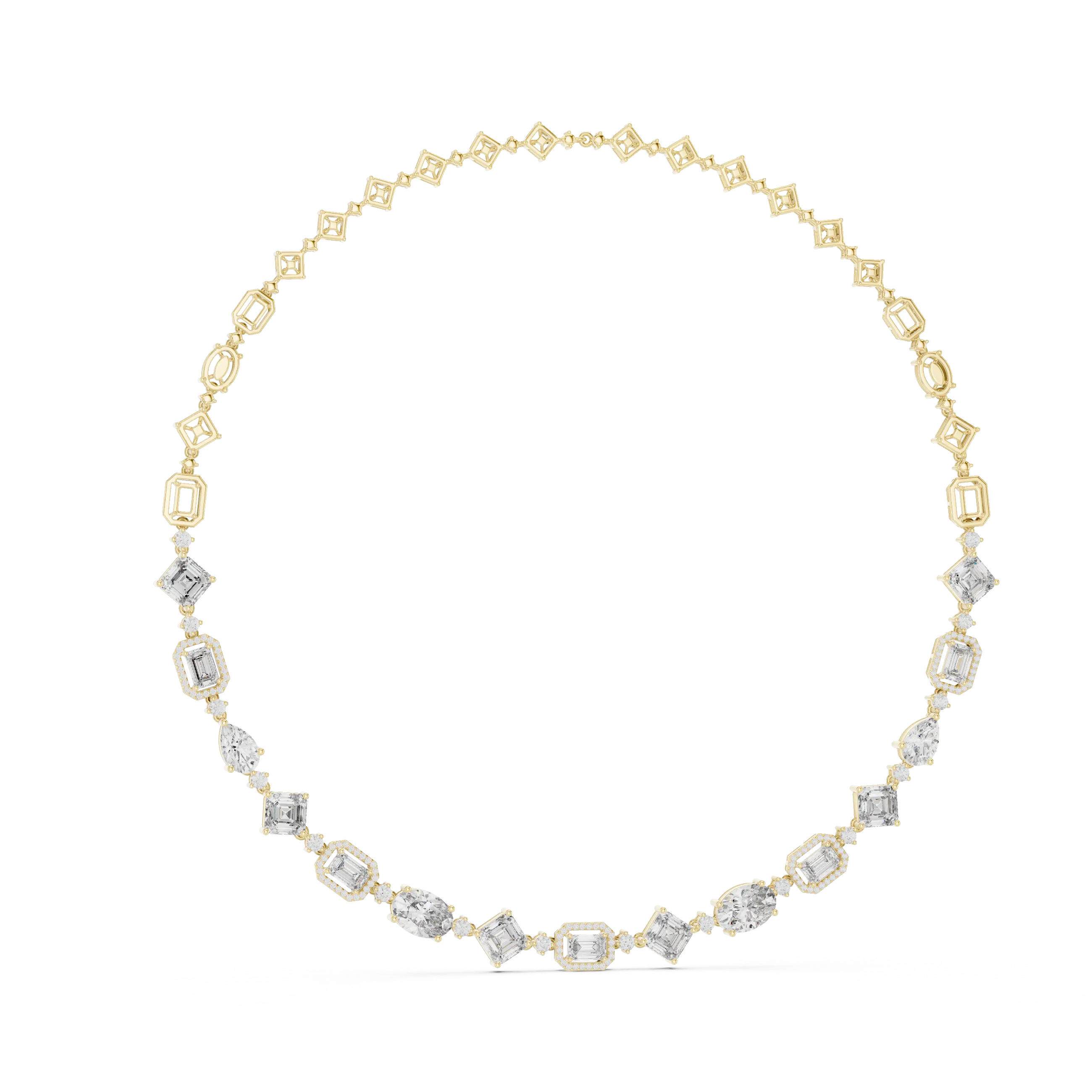 Gold necklace with diamond-like stones on a white background