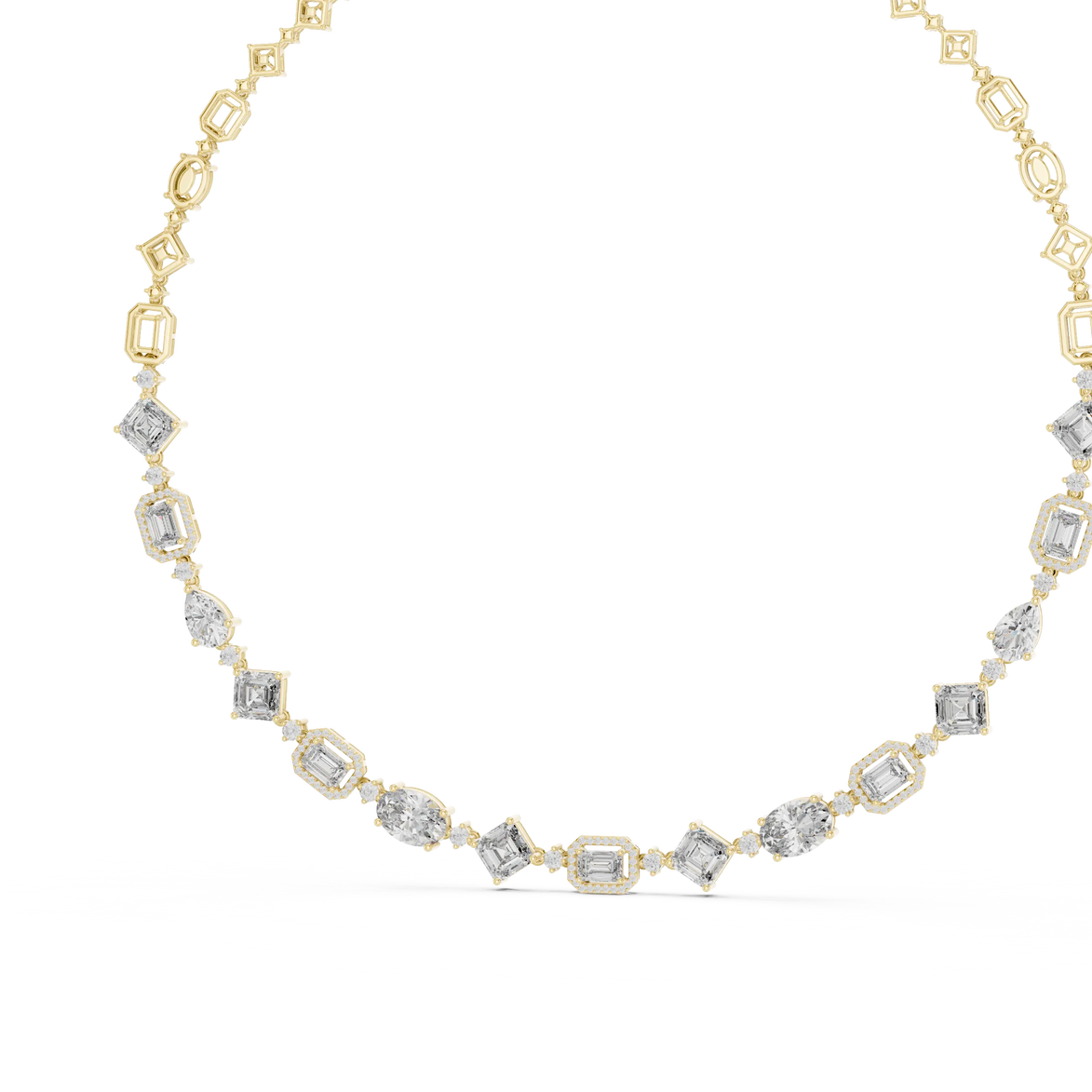 Gold necklace with diamond accents on a white background