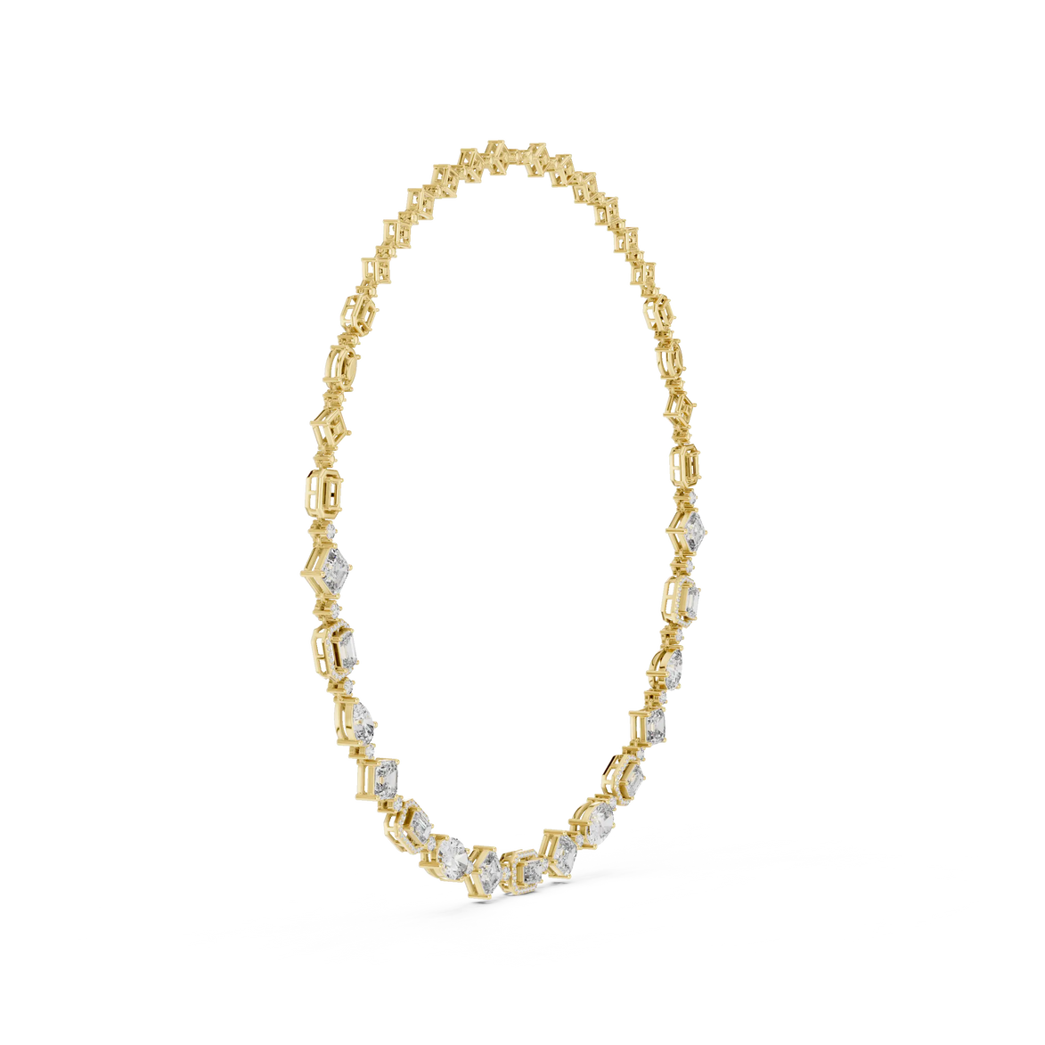 Gold necklace with clear stones on a white background