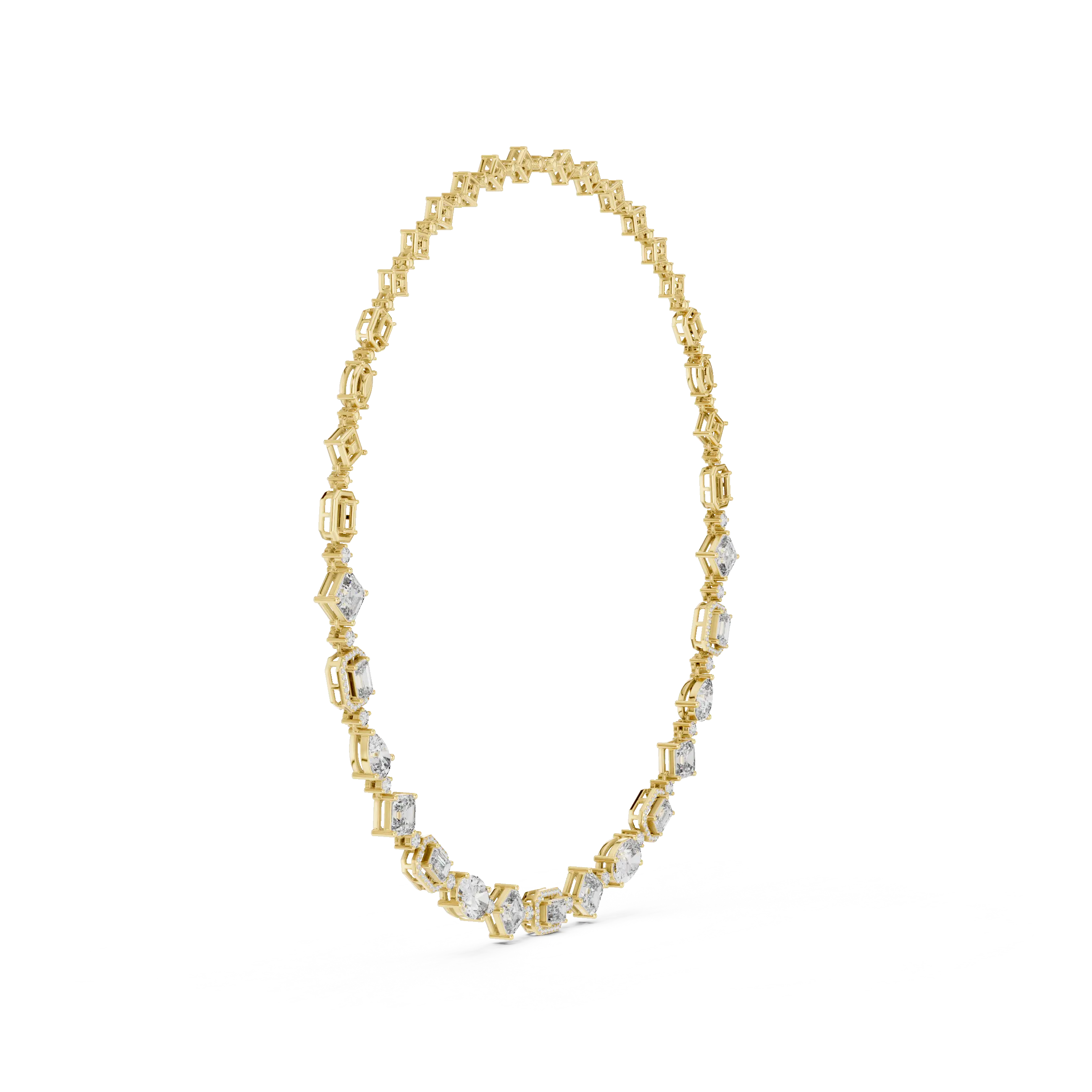 Gold necklace with clear stones on a white background