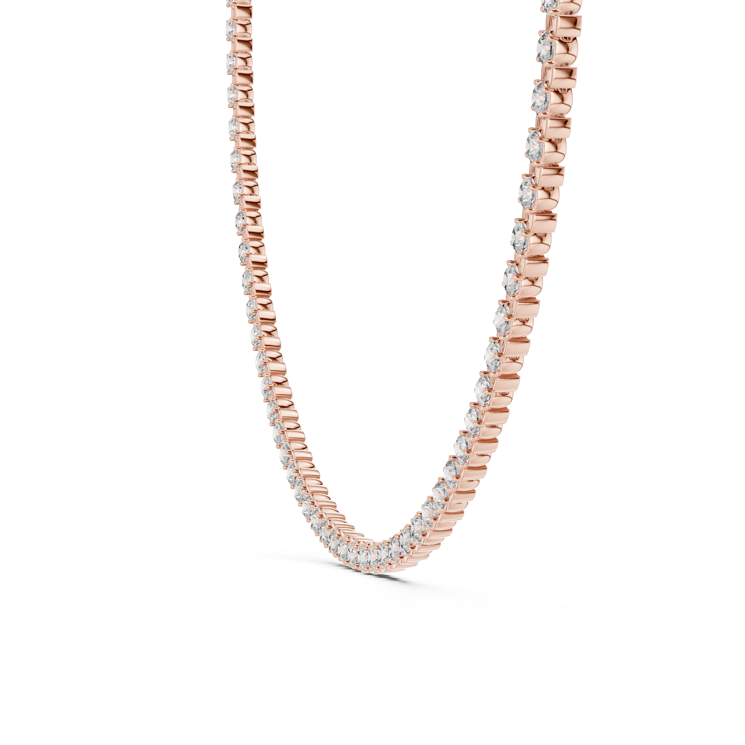 Rose gold necklace with diamonds on a white background
