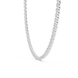 Silver necklace with rectangular links on a white background